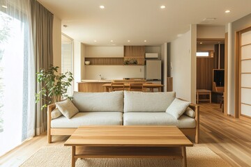 Fototapeta premium This is the living room and kitchen of the house with the wood finish. This is a modern japandi interior with a sofa in the living room. Generative AI 