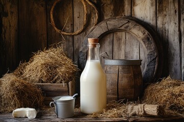 Fresh Farm Milk: Capture a rustic still-life of fresh milk in a glass bottle, surrounded by scenic farm elements like hay, barn wood, and a milk pail , ai