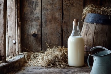 Fresh Farm Milk: Capture a rustic still-life of fresh milk in a glass bottle, surrounded by scenic farm elements like hay, barn wood, and a milk pail , ai