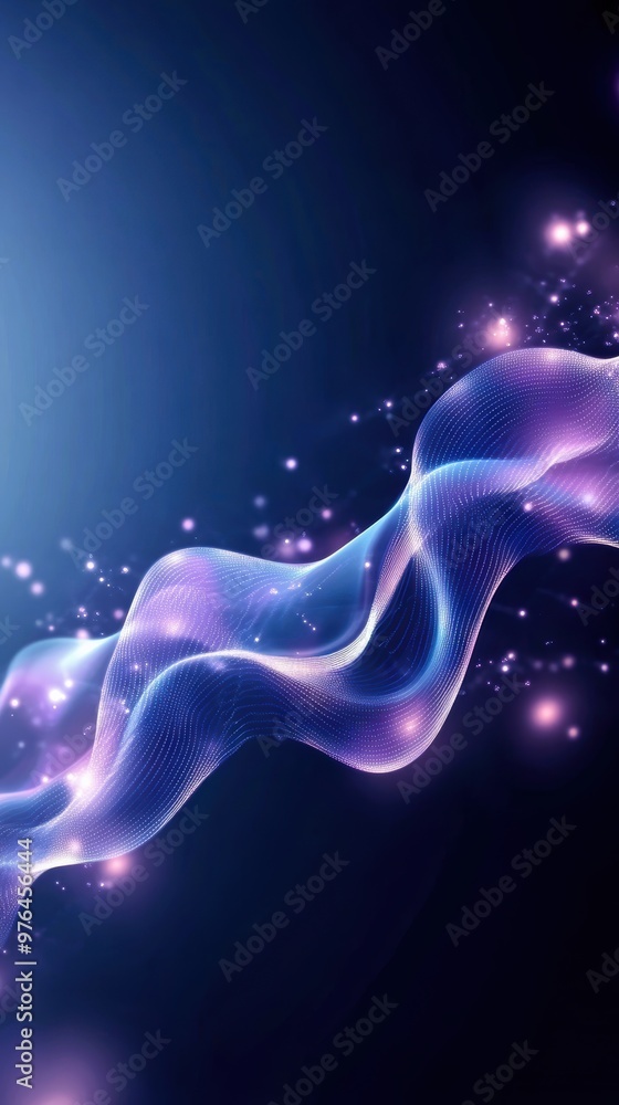 Poster abstract swirling waves of light in shades of purple with sparkling elements on a dark background, c