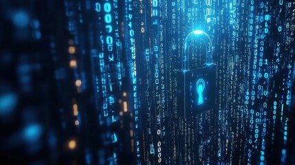 Digital Lock Over Binary Code Background In Blue Hues