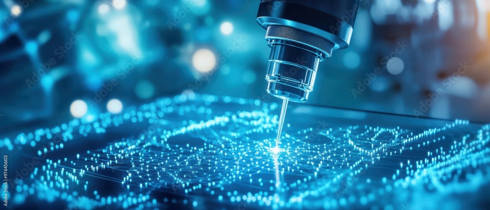 Poster close-up of a laser projecting light on a digital circuit board, showcasing technology and innovatio