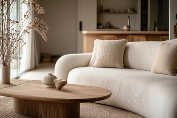 Photograph of a modern house living room decorated with a combination of Scandinavian interiors and japandi interiors, Generative AI
