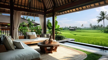 Fototapeta premium Tropical Villa Patio with Rice Paddy View
