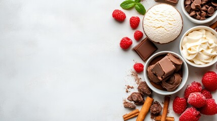 Fototapeta premium Delicious composition of ice cream, chocolate, raspberries, and whipped cream, perfect for dessert lovers and food photography.