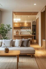 This is the living room and kitchen of the house with the wood finish. This is a modern japandi interior with a sofa in the living room. Generative AI
