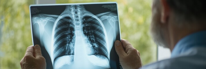 A doctor holds and examines a chest X-ray film while looking for signs of abnormalities, demonstrating the process of medical analysis and importance of accurate diagnosis.