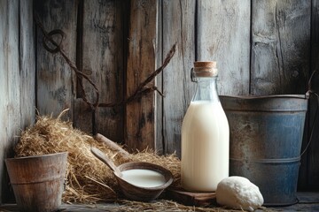 Fresh Farm Milk: Capture a rustic still-life of fresh milk in a glass bottle, surrounded by scenic farm elements like hay, barn wood, and a milk pail , ai