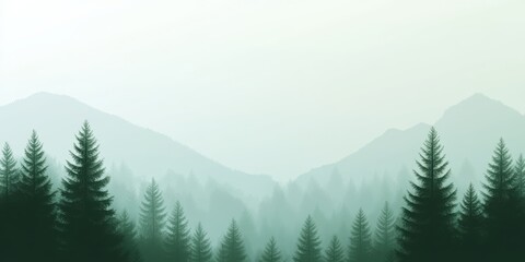 Fototapeta premium A serene misty forest with tall evergreen trees and distant mountains in the background, captured in the soft morning light, creating a tranquil and peaceful scene.