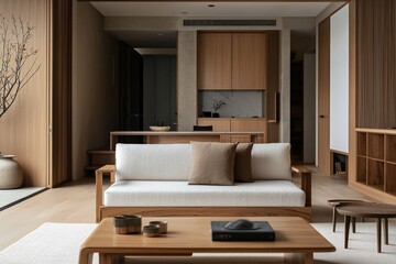 This is the living room and kitchen of the house with the wood finish. This is a modern japandi interior with a sofa in the living room. Generative AI
