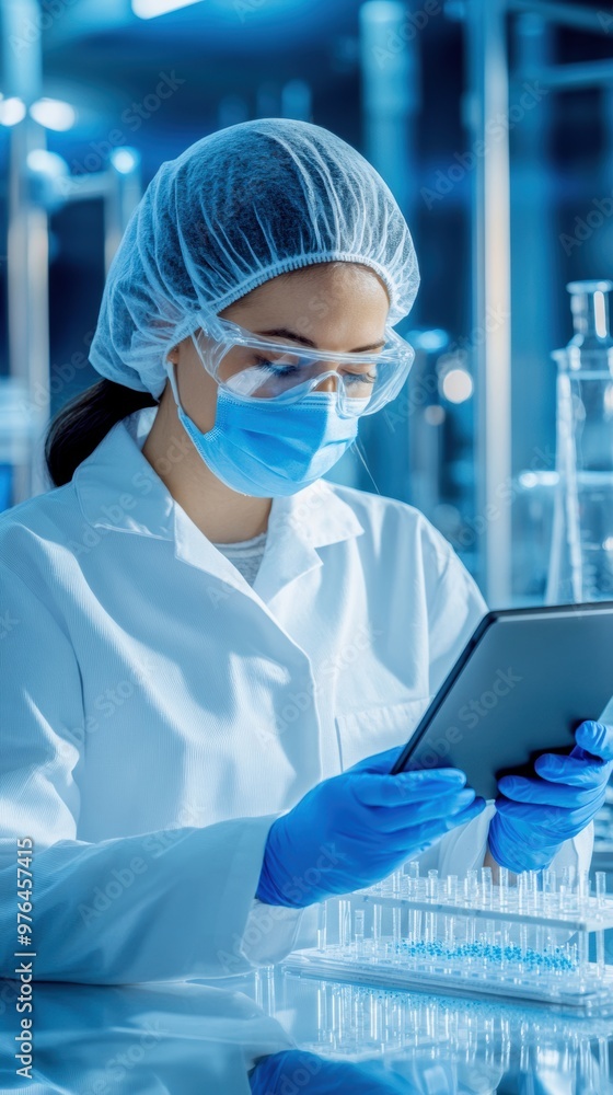 Poster scientist in a laboratory using a tablet with glassware in the background. focus on research and inn