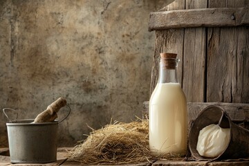 Fresh Farm Milk: Capture a rustic still-life of fresh milk in a glass bottle, surrounded by scenic farm elements like hay, barn wood, and a milk pail , ai