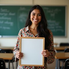 A Brazilian teacher stands in a classroom, holding a Flipboard. She is smiling warmly, exuding a friendly and approachable demeanor. 