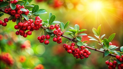 Obraz premium Branch of a tree with red berries and green leaves