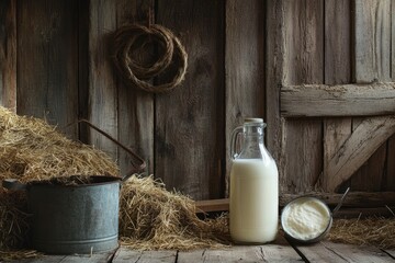 Fresh Farm Milk: Capture a rustic still-life of fresh milk in a glass bottle, surrounded by scenic farm elements like hay, barn wood, and a milk pail , ai