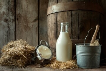 Fresh Farm Milk: Capture a rustic still-life of fresh milk in a glass bottle, surrounded by scenic farm elements like hay, barn wood, and a milk pail , ai