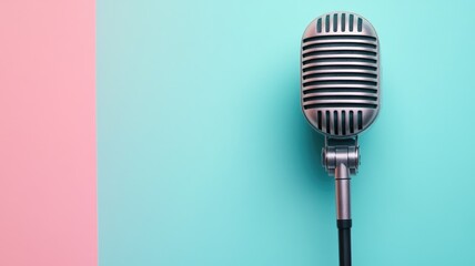 Fototapeta premium Retro microphone on pink and turquoise background