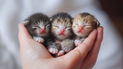 A close-up view of three adorable newborn kittens peacefully sleeping in a person's hand. Perfect depiction of tenderness and care.