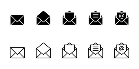 Mail icon set. Message mail icon vector set. E-mail envelope icon. Notification new message inbox, received, icon sign. Open email address line icons