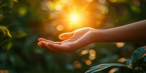 A hand gently reaching towards a warm, glowing light in a serene natural setting, symbolizing hope, connection, and tranquility.