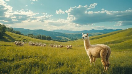 Fototapeta premium Lush green pasture with alpaca and flock of sheep under cloudy sky