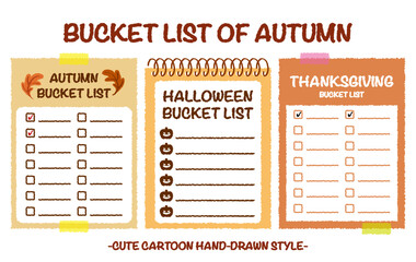 Hand drawn style autumn travel bucket lists set. Halloween checklists with pumpkin pattern. Cartoon doodle style Thanksgiving  day do list. Cute colorful fall bucket list memo. Chart, Idea, Paper note