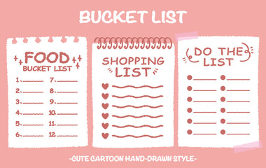 Hand drawn style food bucket lists set. Colorful crayon drawing shopping checklists. Cartoon doodle style do the list. Cute doodle style weekend wish list memo. Chart, Idea, Paper note Memo blank
