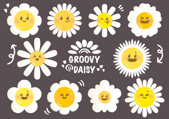 Set of hand drawn grunge charcoal, pencil, chalk groovy daisy smiley character. Variety emotions of chamomile colorful flower facial.  Cartoon flowers faces. Smiled character with petals, floral face