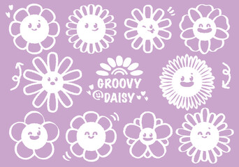 Set of hand drawn grunge charcoal, pencil, chalk groovy daisy smiley character. Variety emotions of chamomile colorful flower facial.  Cartoon flowers faces. Smiled character with petals, floral face