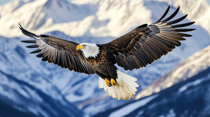 Fototapeta premium Bald eagle soaring in front of snow-capped mountains