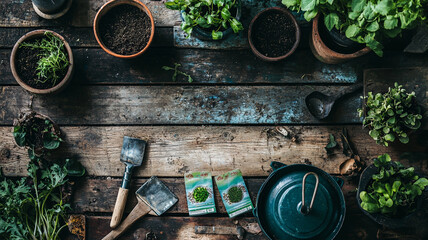A flat lay of garden scene featuring various potted plants, gardening tools, and seed packets. rustic wooden table adds warm, inviting atmosphere to this gardening setup