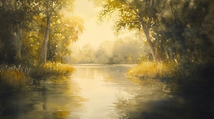 Obraz premium A watercolor painting of a river scene with tall trees lining the river banks and a misty morning light shining through the trees.