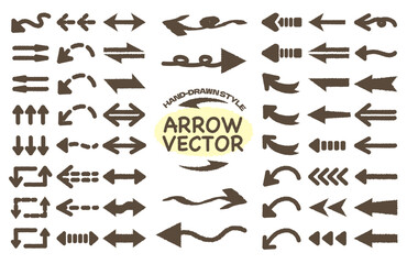 Hand-drawn style variety of arrow vector. Doodle mega set of sketch arrow for business plan and education. Flat Yajirushi icon illustration. Line, Point, Round, Circle. Cartoon style arrows. Brush.
