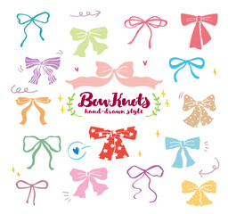 Set of various retro hand drawn style bow knots. Cute colorful gift ribbons. Cartoon style collection of bowtie. Ribbon element, star and heart shape for celebration, holiday, party. Vector ribbons