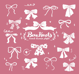 Set of various retro hand drawn style bow knots. Cute gift ribbons. Cartoon style collection of bowtie. Ribbon element, star and heart shape for celebration, holiday, party. Vector ribbons silk bows.