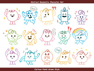 Abstract geometric character. Cartoon cute geometry shapes with funny faces, legs, hands. Kids geometric characters with eyes. Basic style figure, square triangle, polygonal and circle. Preschool 