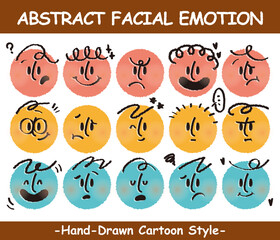 Round abstract faces with various emotions set. Crayon drawing style emoticons collection. Different colored avatar. flat design, hand drawn fashion vector illustration emotional.
