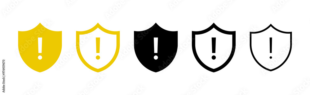 Poster shield exclamation mark icon or security shield warning or attention icon symbol. risk alert line ic
