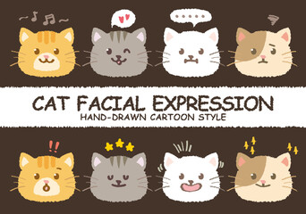 Hand drawn style cat facial expression. Cute crayon drawn colorful variety kitten character face emotion. Sketch pet face doodle handmade. Kids animals. Funny stylish muzzle isolated pets.Vector