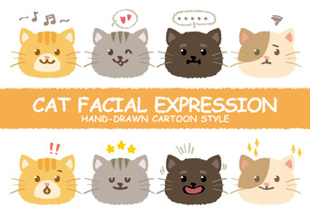 Hand drawn style cat facial expression. Cute crayon drawn colorful variety kitten character face emotion. Sketch pet face doodle handmade. Kids animals. Funny stylish muzzle isolated pets.Vector