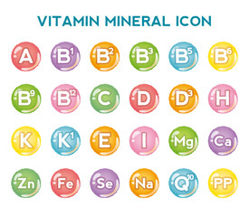 Vitamin, mineral icon set. Nutrition, food supplement design. Multivitamin complex with C, B, E, D vitamins.Multivitamins capsules minerals. Vitamin complex. Dietary supplement for pharmacy advertisem