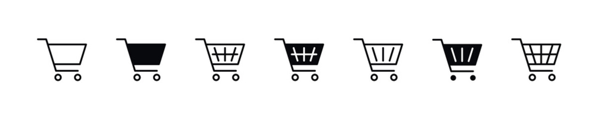 Shopping cart icon set, shopping trolley symbol . Add to shopping icon sign , buy and sale , full and empty shopping cart symbols. web app line icons