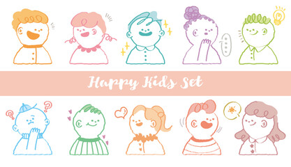 Hand drawn stylish variety race kids character avatar. Colorful crayon drawn child profile facial emotions. Doodle style student face expression. Flat abstract line drawing style head vector.Children 