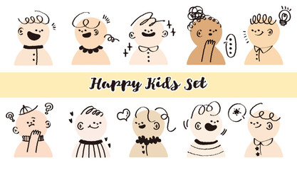 Hand drawn stylish variety race kids character avatar. Colorful crayon drawn child profile facial emotions. Doodle style student face expression. Flat abstract line drawing style head vector.Children