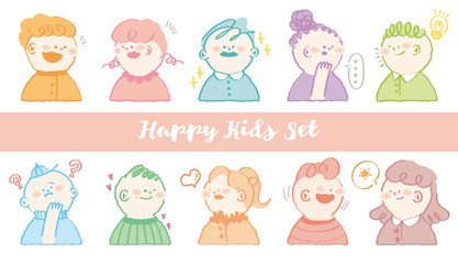 Hand drawn style stylish character avatar. Colorful crayon drawn people profile with variety facial emotions. Set of out line style kids face expression. Flat abstract line drawing style head vector.