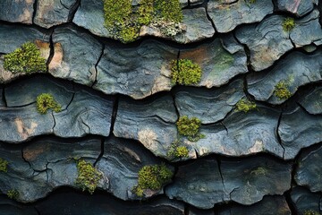 Close-up of Cracked Bark with Moss