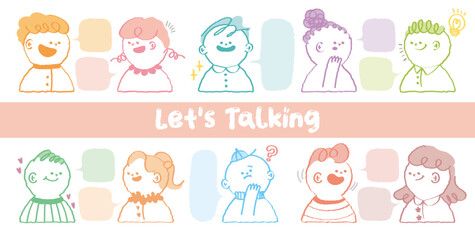 Hand drawn style stylish character avatar. Colorful crayon drawn people profile with variety facial emotions. Set of out line style kids face expression. Flat abstract line drawing style head vector.