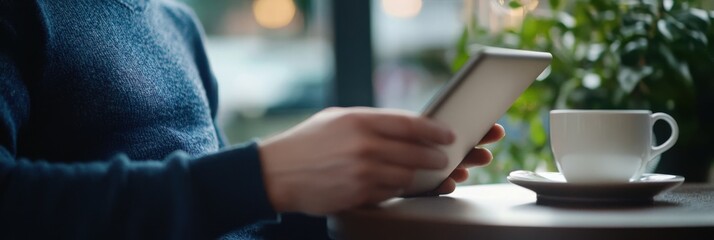 Obraz premium A person in a cozy sweater uses a tablet while enjoying a cup of coffee at a warmly lit café, portraying a relaxed digital lifestyle, focus, and social atmosphere.
