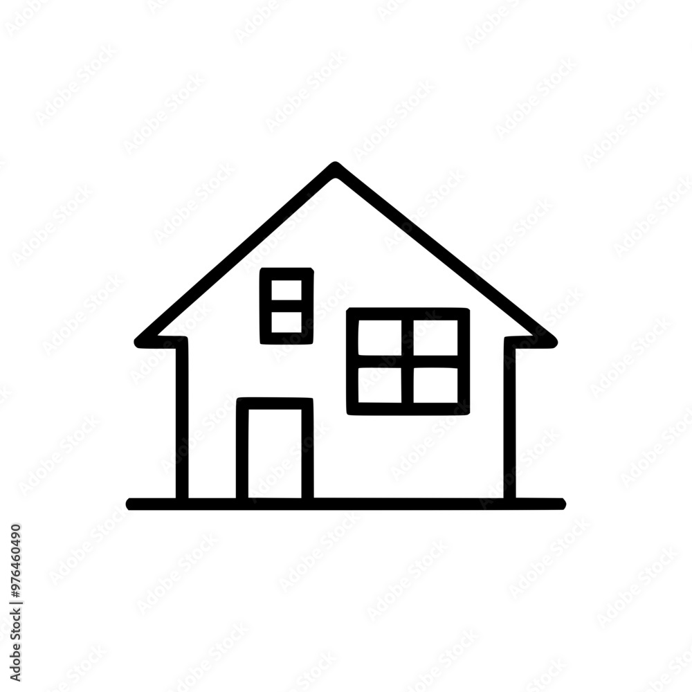 Poster simple black and white icon of a house with a triangular roof and two windows.