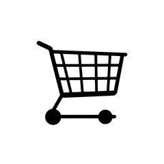 Simple black and white icon of a shopping cart on a plain background.